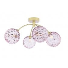 4 Light Semi-Flush Matt Gold Fitting with Pink Dimpled Glass
