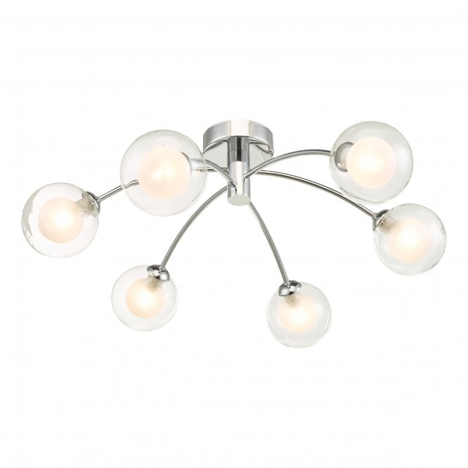IZZY 6 Light Semi Flush Ceiling Light in Chrome with Clear Glass Shades with Opal Inner