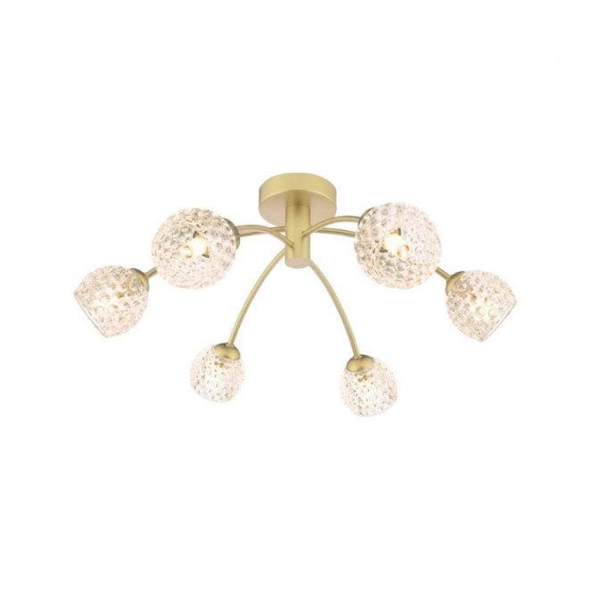 IZZY 6 Light Semi-Flush Matt Gold Fitting with Dimpled Open Glass Shades