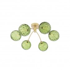 IZZY 6 Light Semi-Flush Matt Gold Fitting with Green Dimpled Glass Shades