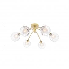 IZZY 6 Light Semi-Flush Matt Gold Fitting with Opal and Clear Ribbed Glass Shades