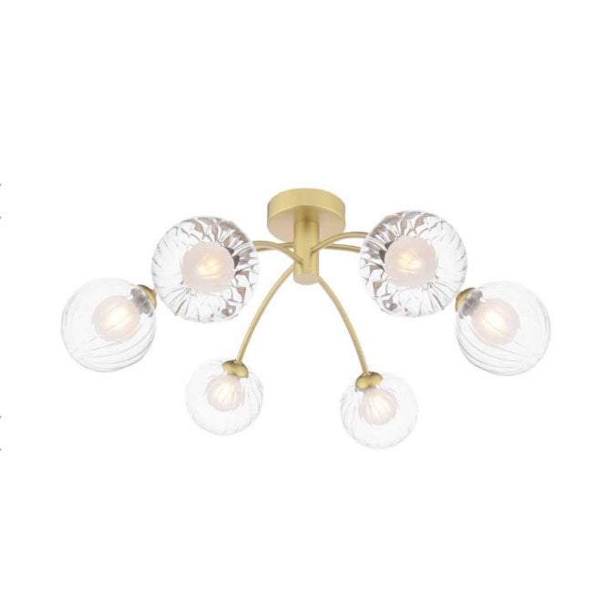 IZZY 6 Light Semi-Flush Matt Gold Fitting with Opal and Clear Ribbed Glass Shades