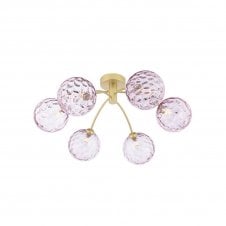 IZZY 6 Light Semi-Flush Matt Gold Fitting with Pink Dimpled Glass Shades