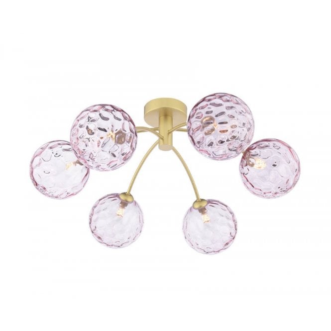 IZZY 6 Light Semi-Flush Matt Gold Fitting with Pink Dimpled Glass Shades