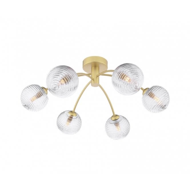 IZZY 6 Light Semi-Flush Matt Gold Fitting with Ribbed Glass Shades