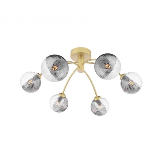 IZZY 6 Light Semi-Flush Matt Gold Fitting with Smoked and Clear Ribbed Glass Shades 54cm