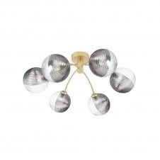 IZZY 6 Light Semi-Flush Matt Gold Fitting with Smoked and Clear Ribbed Glass Shades