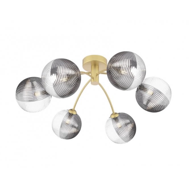 IZZY 6 Light Semi-Flush Matt Gold Fitting with Smoked and Clear Ribbed Glass Shades