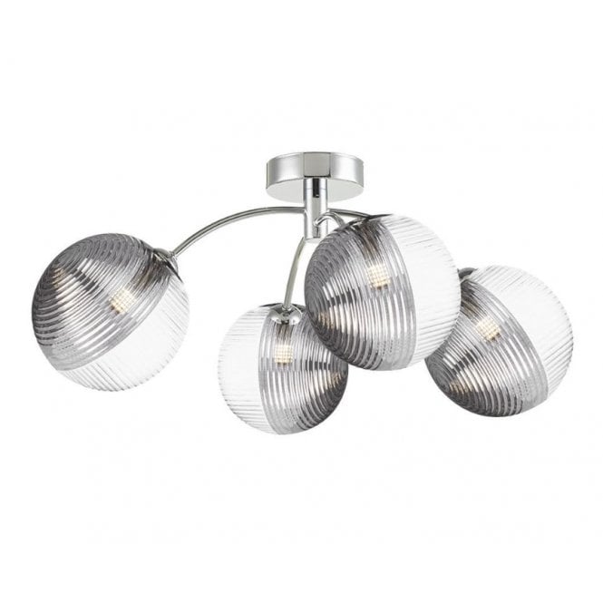 IZZY Chrome 4 Light Semi Flush Ceiling Light with Large Smoked and Clear Ribbed Glass Shades