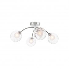 IZZY Chrome 4 Light Semi Flush Ceiling Light with Opal and Clear Ribbed Glass Globe Shades