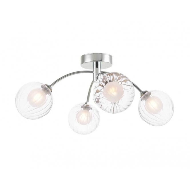 IZZY Chrome 4 Light Semi Flush Ceiling Light with Opal and Clear Ribbed Glass Globe Shades