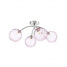 IZZY Chrome 4 Light Semi Flush Ceiling Light with Pink Dimpled Glass Globe Shades