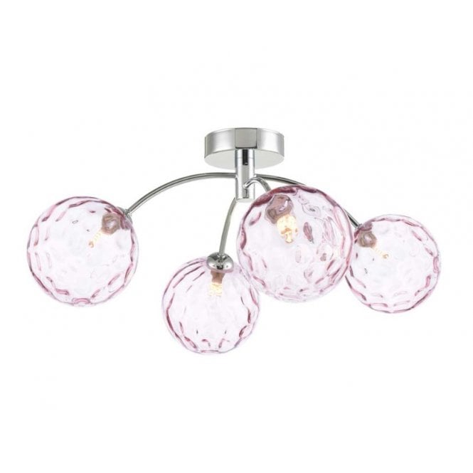 IZZY Chrome 4 Light Semi Flush Ceiling Light with Pink Dimpled Glass Globe Shades