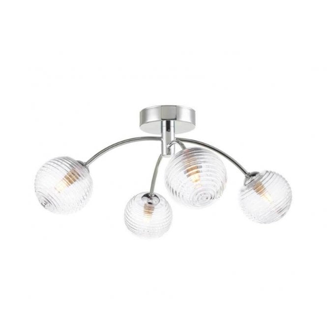 IZZY Chrome 4 Light Semi Flush Ceiling Light with Ribbed Glass Globe Shades