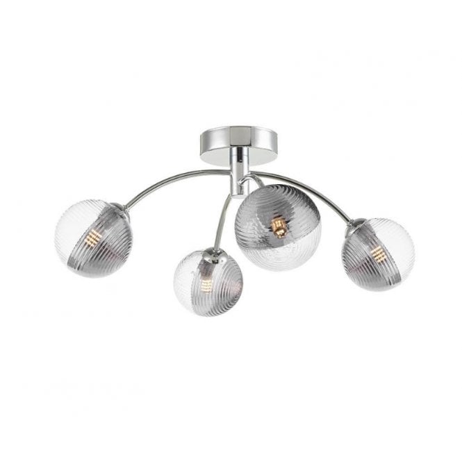 IZZY Chrome 4 Light Semi Flush Ceiling Light with Smoked and Clear Ribbed Glass Shades