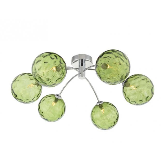 IZZY Polished Chrome Semi Flush Ceiling Light with Green Dimpled Glass Globe Shades