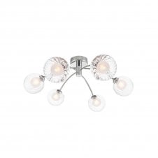 IZZY Polished Chrome Semi Flush Ceiling Light with Opal and Clear Ribbed Glass Globe Shades