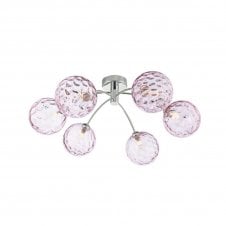IZZY Polished Chrome Semi Flush Ceiling Light with Pink Dimpled Glass Globe Shades