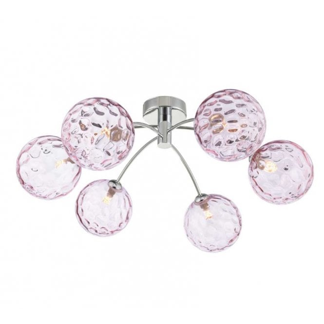 IZZY Polished Chrome Semi Flush Ceiling Light with Pink Dimpled Glass Globe Shades