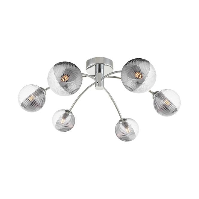 IZZY Polished Chrome Semi Flush Ceiling Light with Smoked and Clear Ribbed Glass Shades