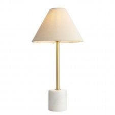 a modern brushed brass table lamp with marble base