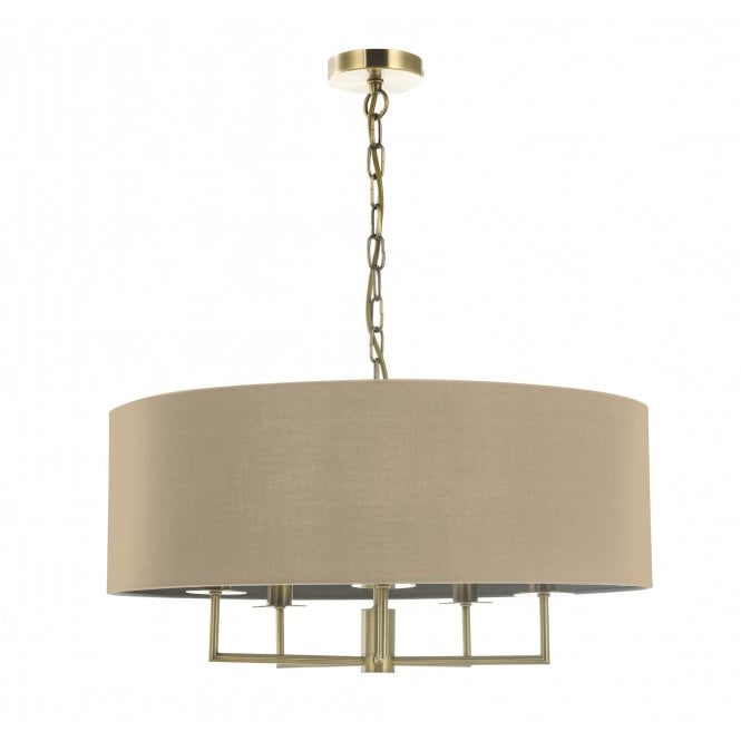 JAMELIA 5 Light Chandelier in Antique Brass with Taupe Shade