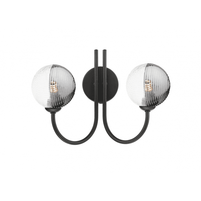 Jared 2 Light Wall Light in Matt Black with Smoked & Clear Ribbed Glass Shades (10cm)
