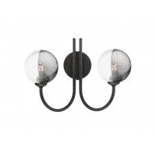 2 Light Wall Light Matt Black with Smoked and Clear Ribbed Glass Globe Shades