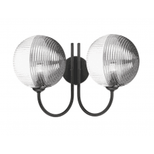 2 Light Wall Light Matt Black with Large Smoked and Clear Ribbed Glass Shades