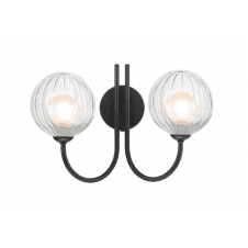 JARED 2 Light Wall Light Matt Black with Opal and Clear Ribbed Glass Globe Shades