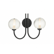JARED 2 Light Wall Light Matt Black with Ribbed Glass Globe Shades