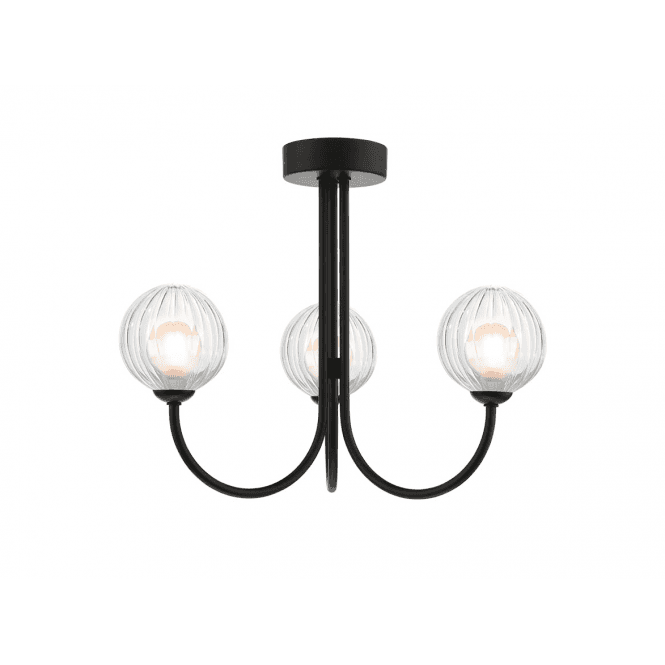 Jared 3 Light Semi Flush | Matt Black With Opal & Clear Ribbed Glass