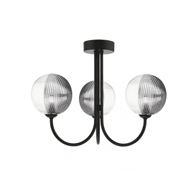 Jared 3 Light Semi Flush | Matt Black With Smoked & Clear Ribbed Glass (15cm)