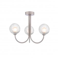 JARED 3 Light Semi-Flush | Satin Nickel, Opal & Clear Ribbed Glass