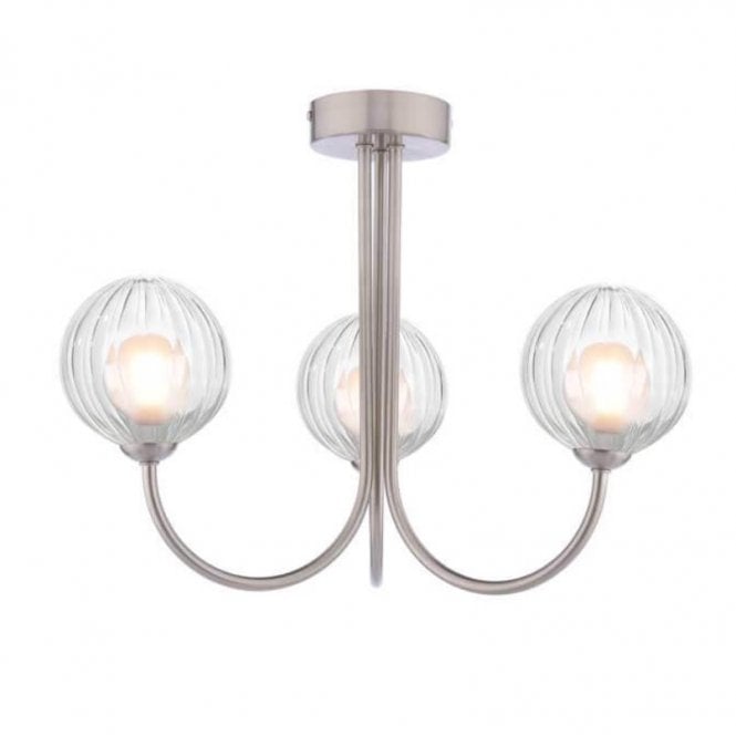 JARED 3 Light Semi-Flush | Satin Nickel, Opal & Clear Ribbed Glass