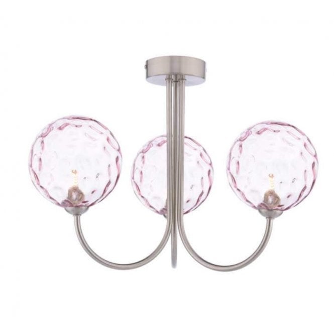 JARED 3 Light Semi-Flush | Satin Nickel & Pink Dimpled Glass