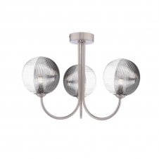 JARED 3 Light Semi-Flush | Satin Nickel & Smoked & Clear Ribbed Glass (15cm)
