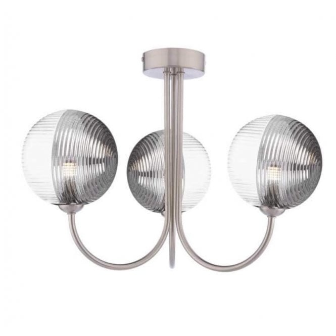 JARED 3 Light Semi-Flush | Satin Nickel & Smoked & Clear Ribbed Glass (15cm)