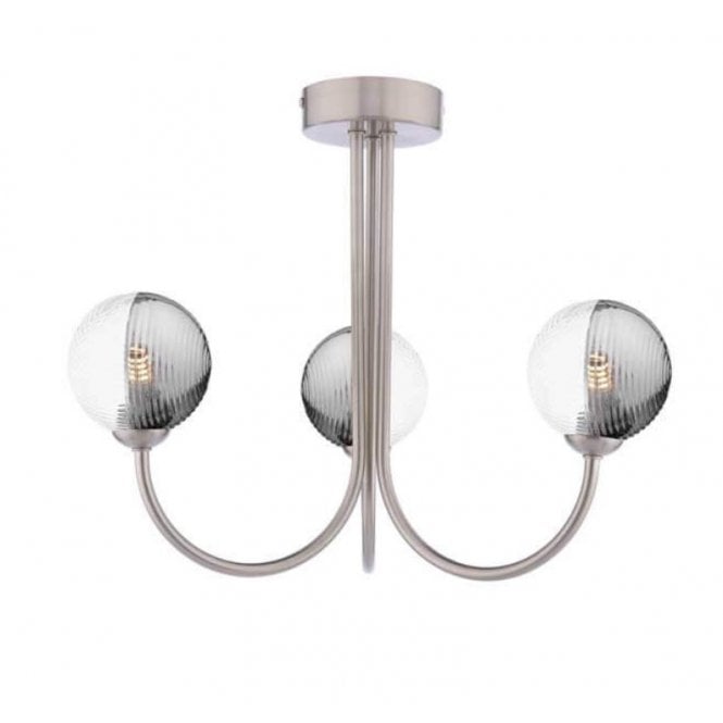 JARED 3 Light Semi-Flush | Satin Nickel, Smoked & Clear Ribbed Glass
