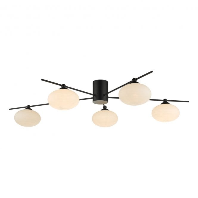 JASPER 5 Light Semi Flush Fitting in Matt Black with Opal Glass
