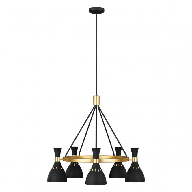 JOAN 5 light chandelier in burnished brass with matte black shades