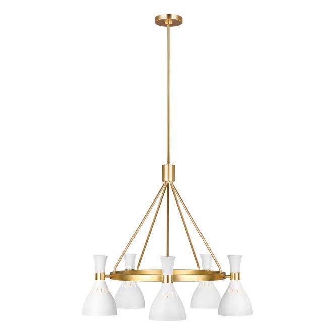 JOAN 5 light chandelier in burnished brass with matte white shades