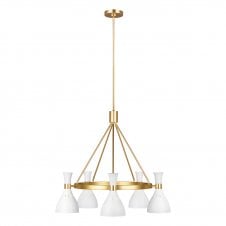 JOAN 5 light chandelier in burnished brass with matte white shades