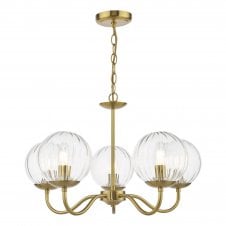 a modern five arm chandelier style pendant light with glass globe shades