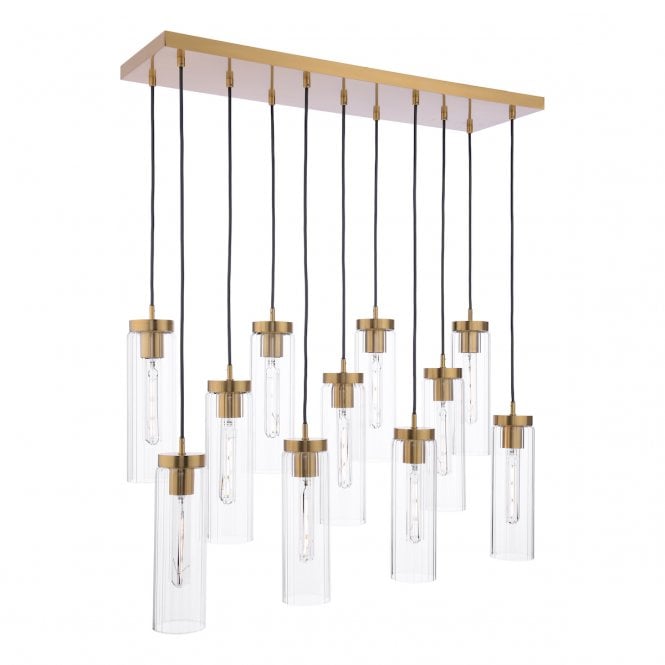 JODELLE 11 Light Bar Pendant in Polished Bronze with Ribbed Glass Shades