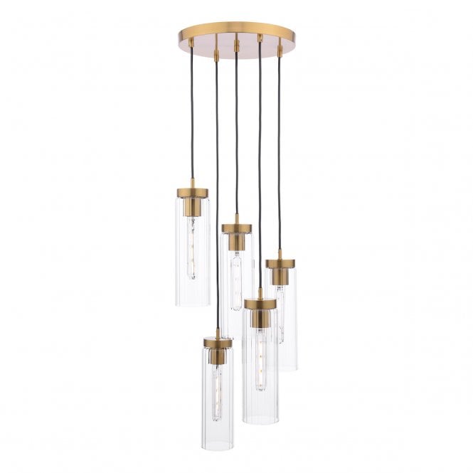 JODELLE 5 Light Cluster Pendant in Polished Bronze with Ribbed Glass Shades
