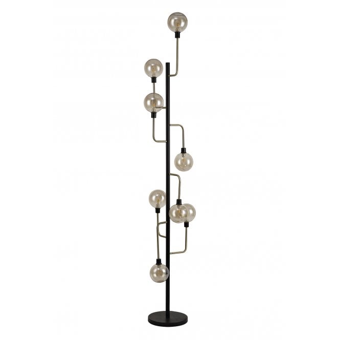 JUXTA 8 Light Floor Lamp Matt Black/Antique Brass/Cognac Glass