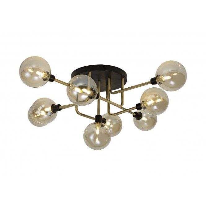 JUXTA Large 9 Light Flush Ceiling Light Matt Black, Antique Brass and Champagne Globe Shades