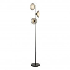 A modern black floor lamp with three smoked glass shades 