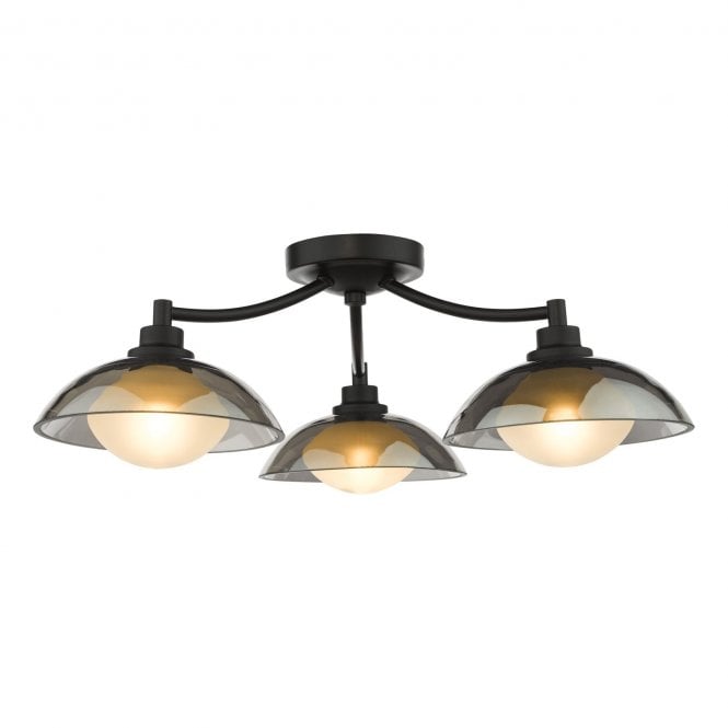 Kadience 3 Light Semi-Flush Ceiling Light - Satin Black and Smoked Glass Shades